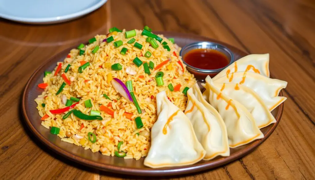 Chinese dumplings with fried rice