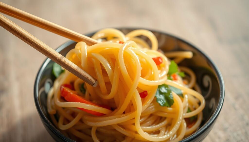 Grabbing noodles with chopsticks