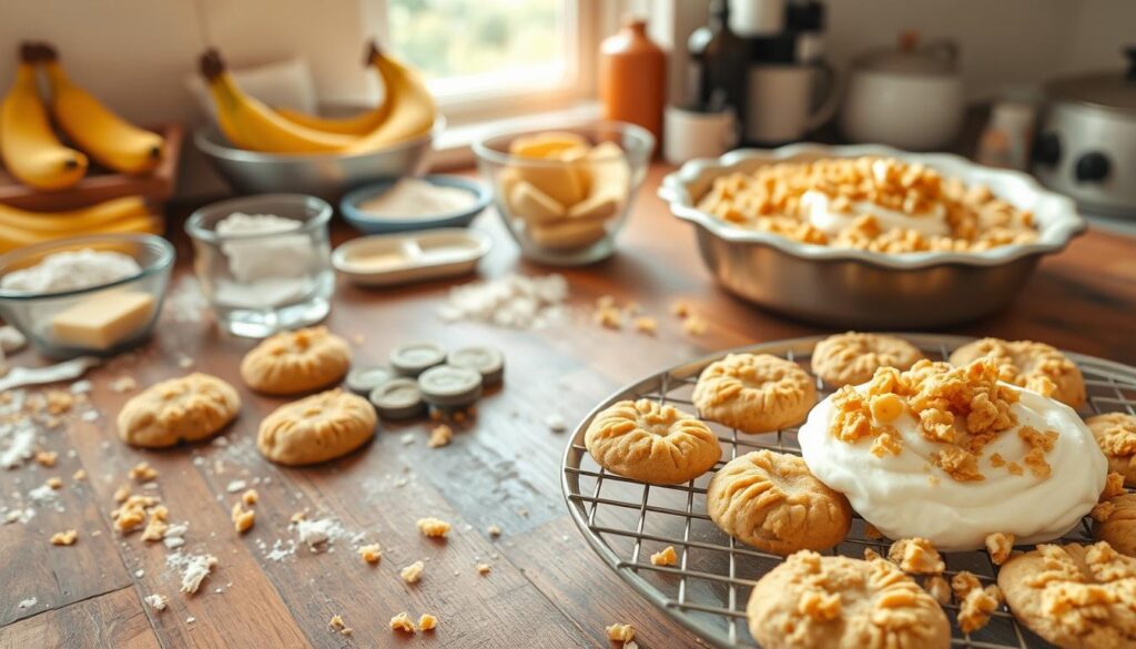 making homemade banana cream pie cookie crumble