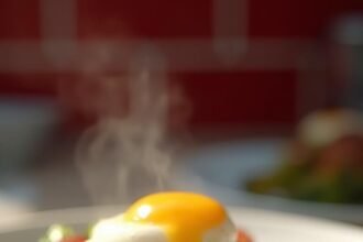 "Bacon-wrapped asparagus with a poached egg on a white plate, under natural morning light"