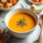 "Butternut squash soup garnished with olive oil, pumpkin seeds, and thyme in a white bowl, surrounded by raw and roasted vegetables on a marble surface"