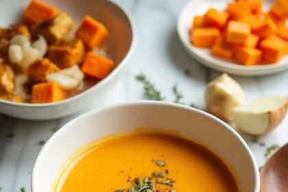 "Butternut squash soup garnished with olive oil, pumpkin seeds, and thyme in a white bowl, surrounded by raw and roasted vegetables on a marble surface"