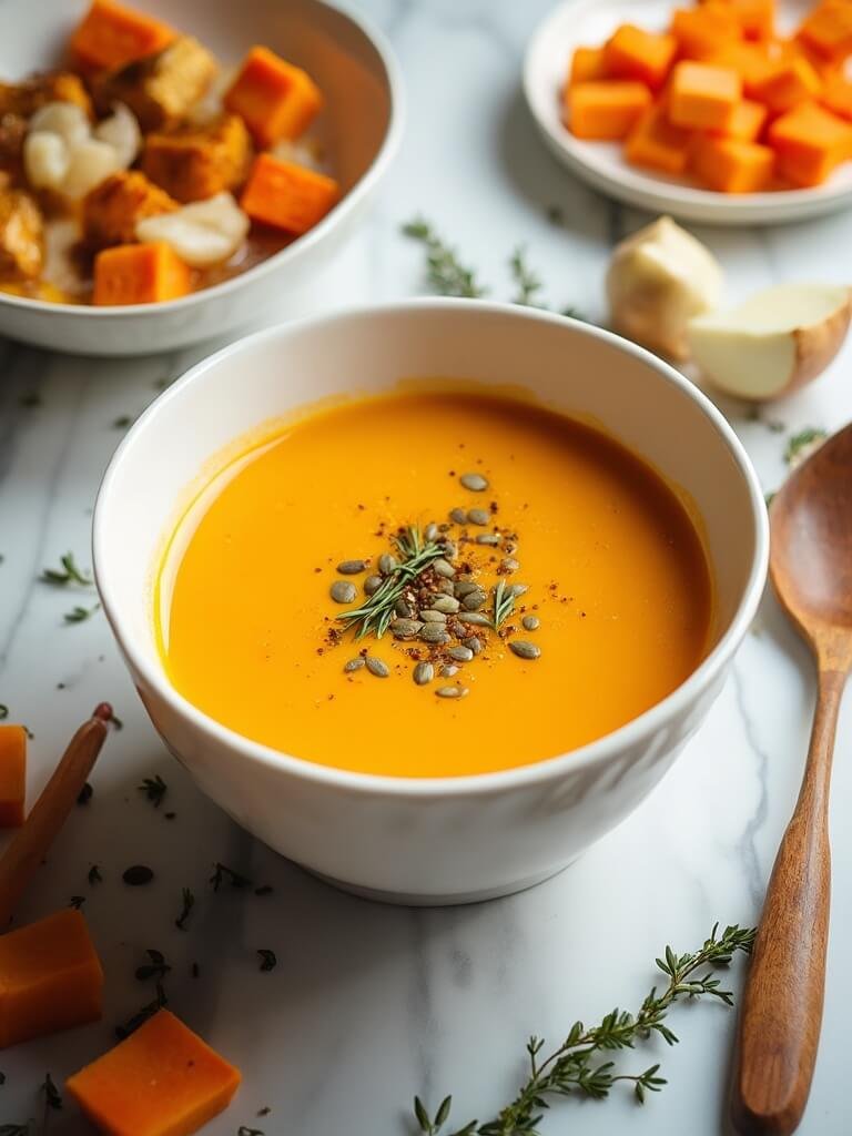 "Butternut squash soup garnished with olive oil, pumpkin seeds, and thyme in a white bowl, surrounded by raw and roasted vegetables on a marble surface"