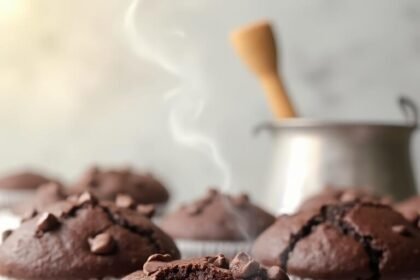 "Close-up of freshly baked double chocolate muffins with chocolate chips on a clean white marble surface"