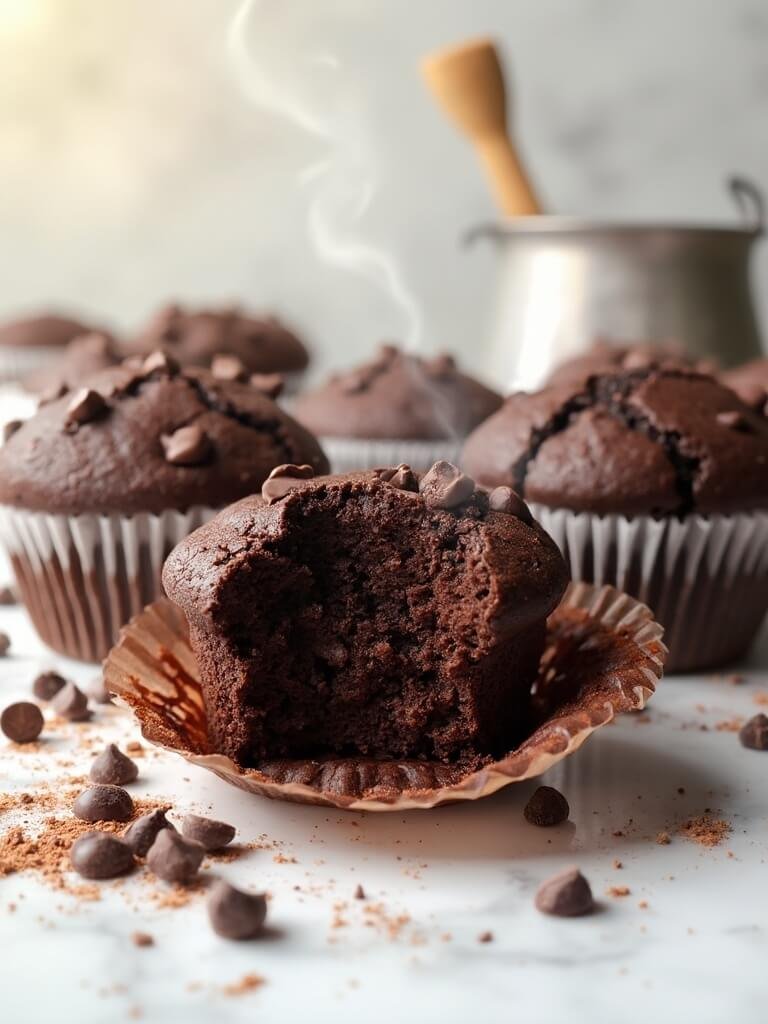 "Close-up of freshly baked double chocolate muffins with chocolate chips on a clean white marble surface"