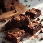 "Overhead shot of fudgy brownies with crackly tops and chocolate chips on a marble countertop in golden hour light"