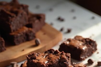 "Overhead shot of fudgy brownies with crackly tops and chocolate chips on a marble countertop in golden hour light"