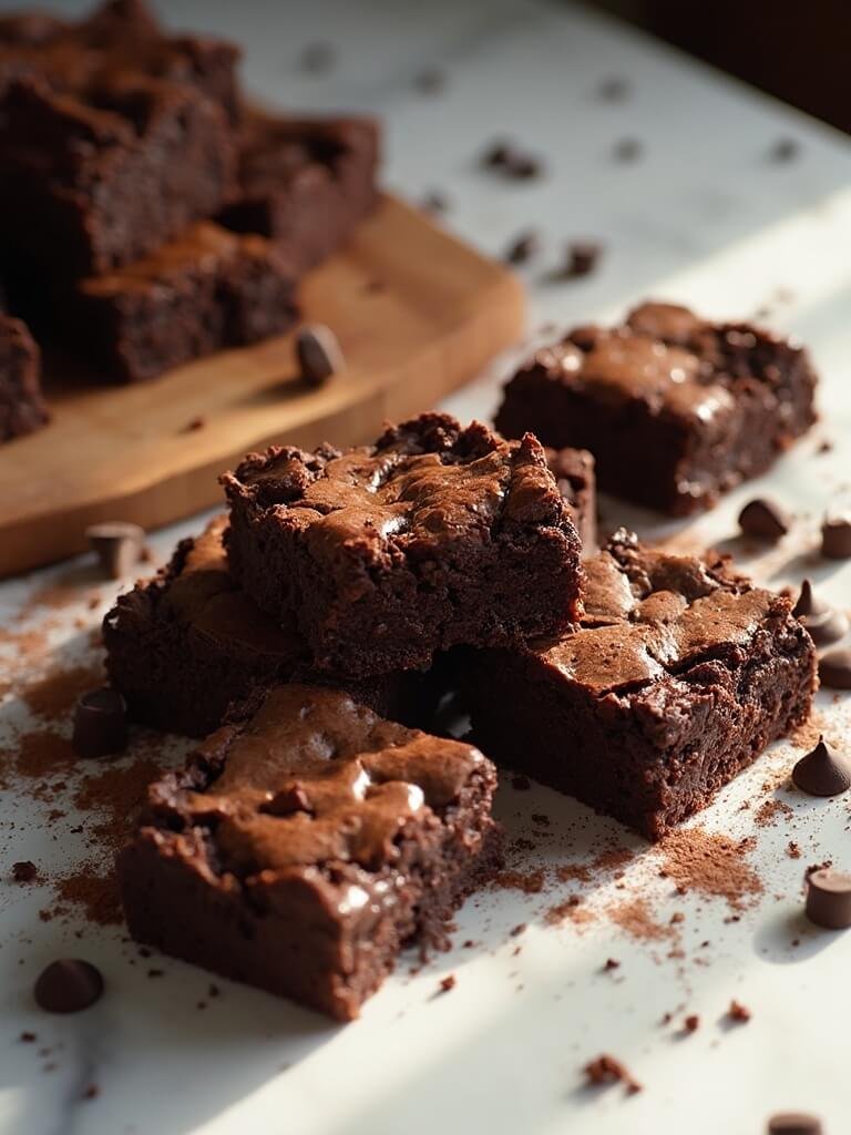"Overhead shot of fudgy brownies with crackly tops and chocolate chips on a marble countertop in golden hour light"
