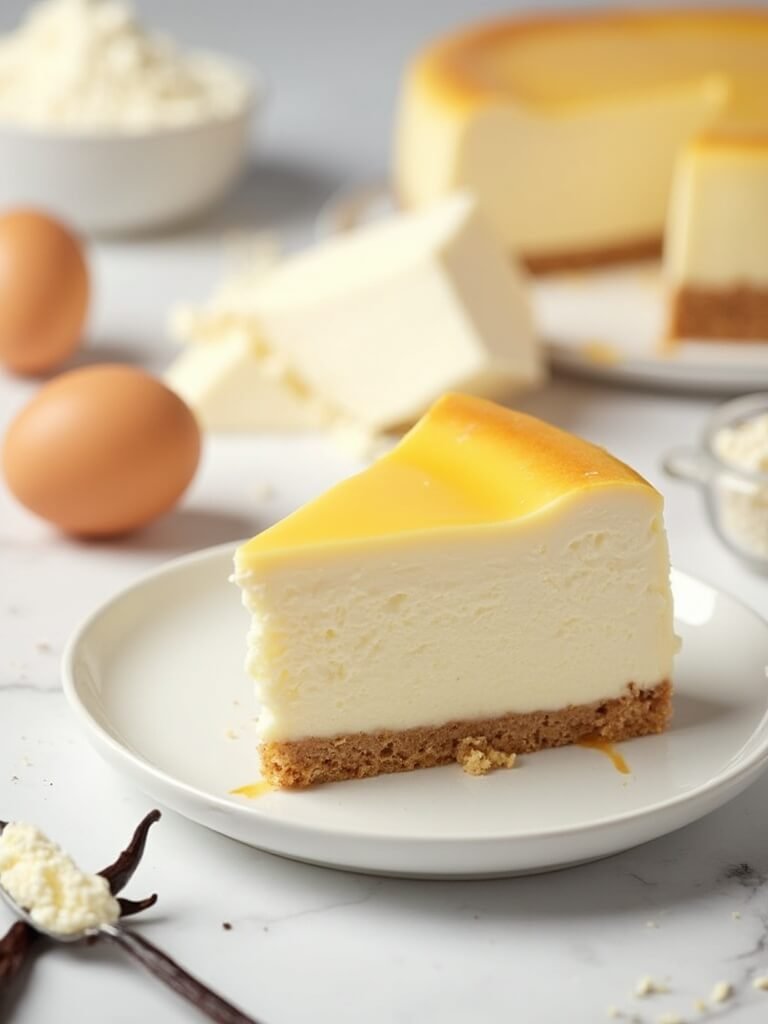 "High-protein Greek yogurt cheesecake slice on a white plate with cream cheese, vanilla protein powder, and key ingredients around on a marble surface"