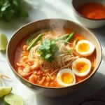 "Overhead shot of a bowl of laksa with chicken, prawns, soft-boiled eggs, noodles, and fresh herbs on a clean white background"
