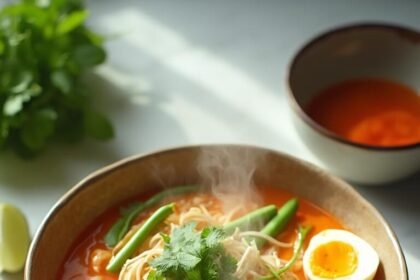 "Overhead shot of a bowl of laksa with chicken, prawns, soft-boiled eggs, noodles, and fresh herbs on a clean white background"
