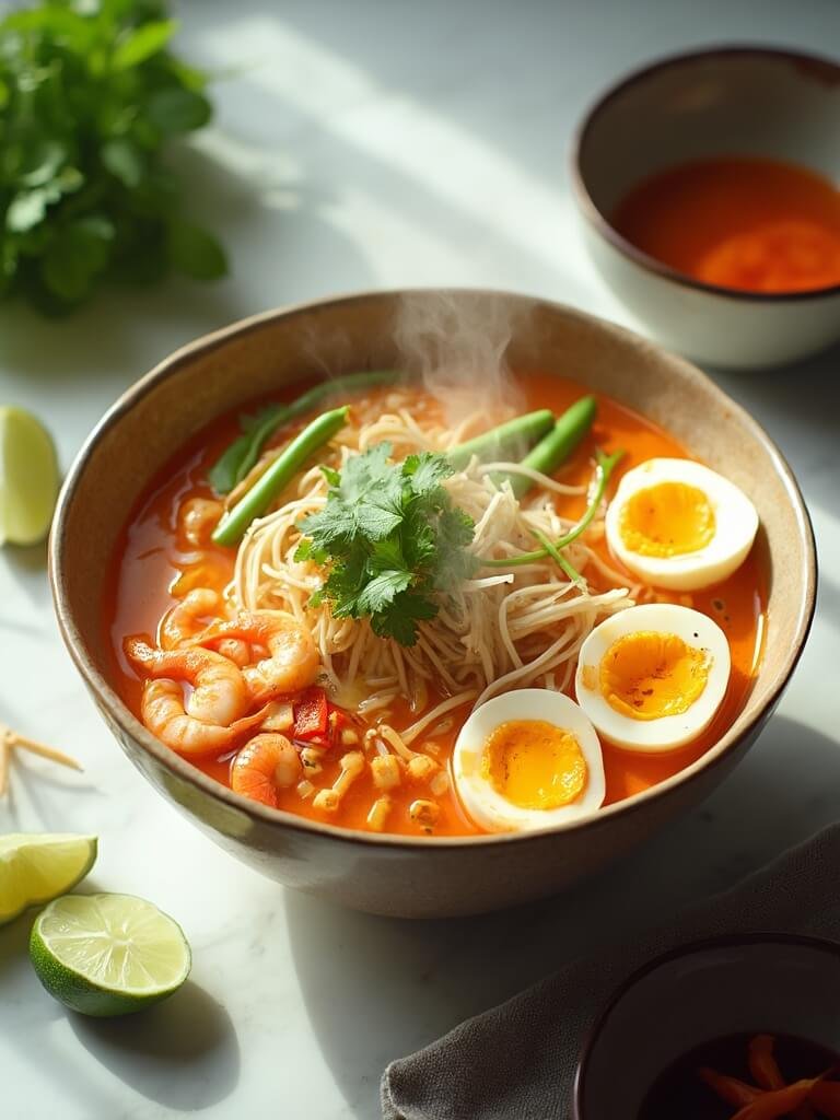 "Overhead shot of a bowl of laksa with chicken, prawns, soft-boiled eggs, noodles, and fresh herbs on a clean white background"