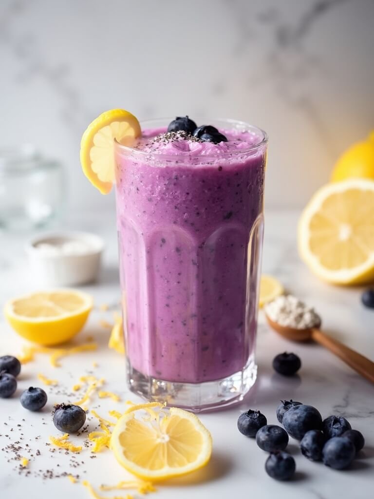 "Lemon blueberry protein smoothie with fresh ingredients on a marble background"