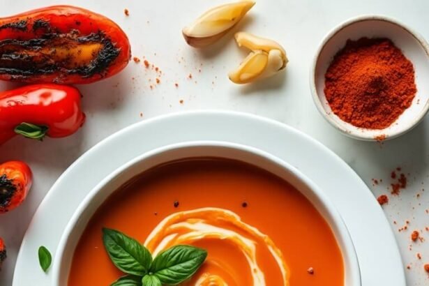 "Overhead view of roasted red pepper soup with cream swirl, fresh basil garnish, and surrounding roasted vegetables on a clean white background"