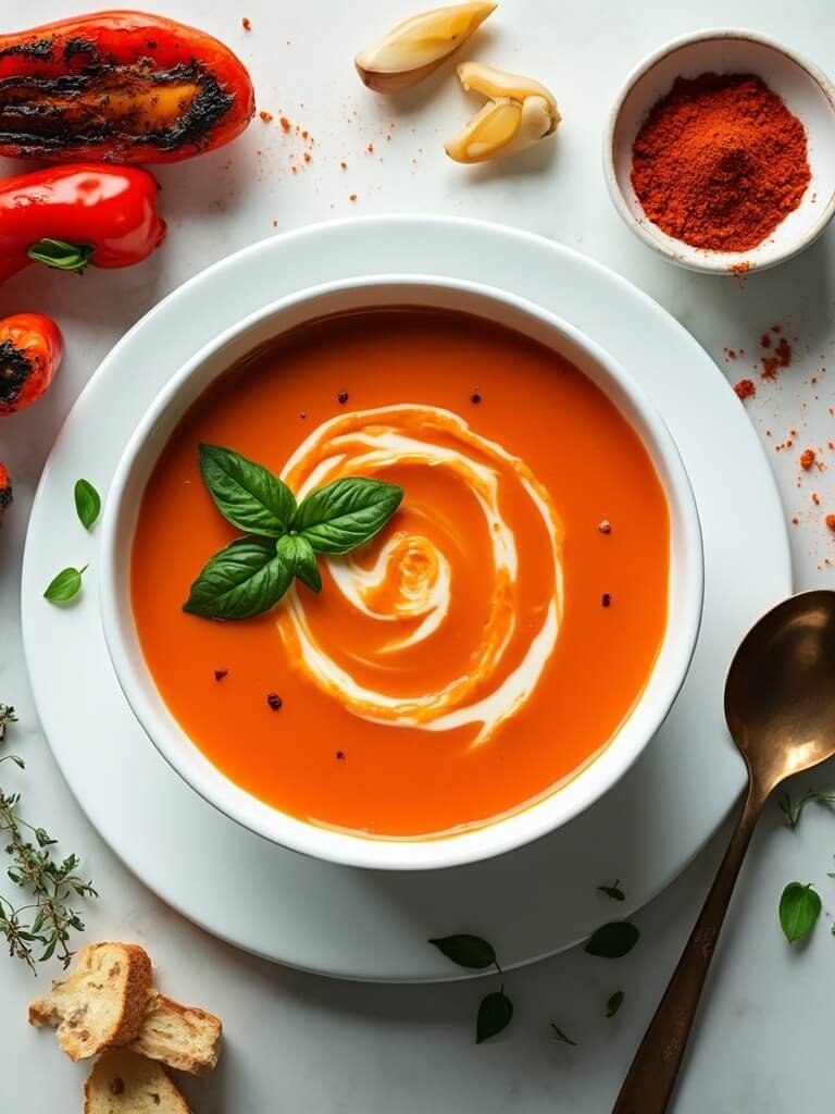"Overhead view of roasted red pepper soup with cream swirl, fresh basil garnish, and surrounding roasted vegetables on a clean white background"