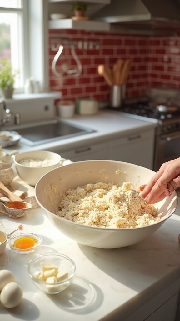 Hands mixing almond flour dough with melted butter and eggs on a modern kitchen countertop, with a rolling pin and parchment paper ready for use.