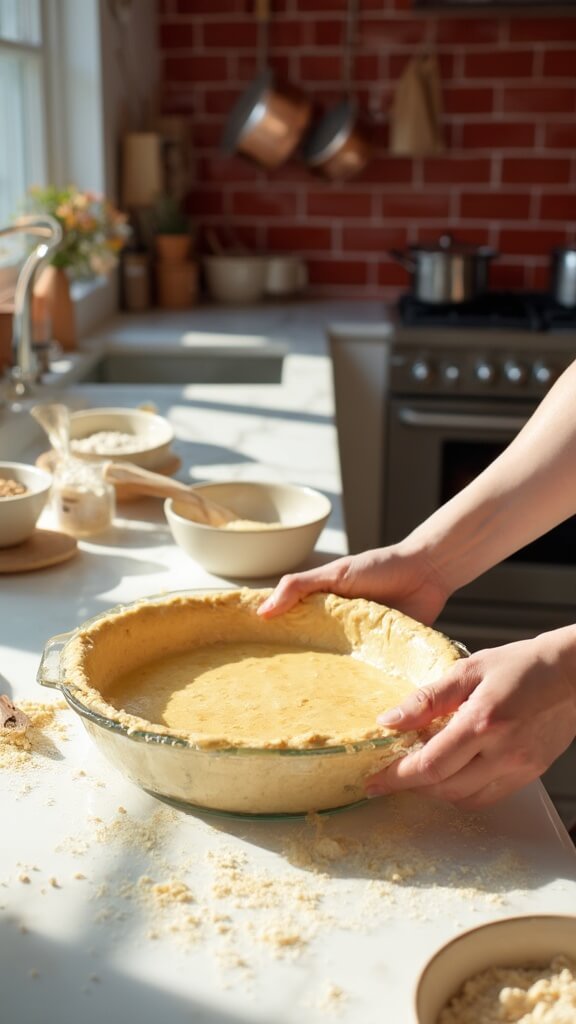 Hands pressing golden almond flour crust dough into a glass pie pan in a modern kitchen with red subway tiles and marble countertops