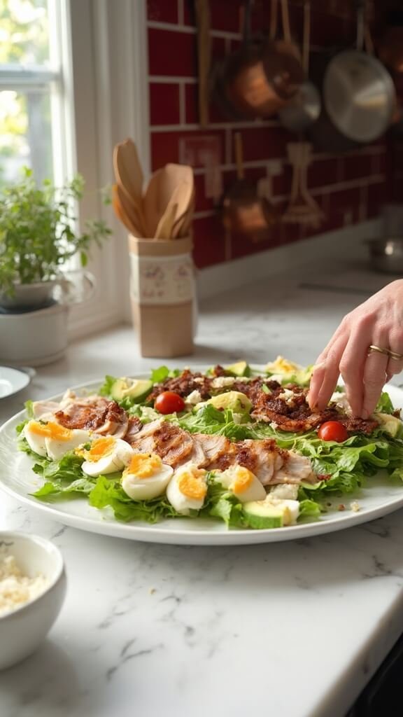 Hands arranging ingredients of Cobb salad on a white platter in a modern kitchen with red subway tile backsplash