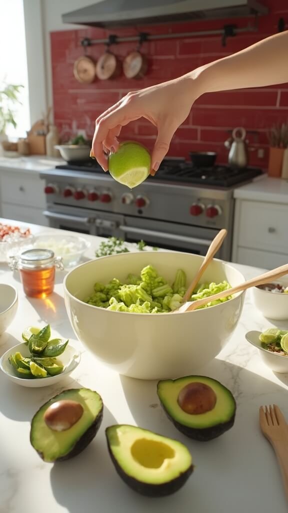 Avocado halves being mashed in a cream-colored ceramic bowl with fresh lime juice being squeezed over it, in a modern kitchen with red subway tiles and copper pots.