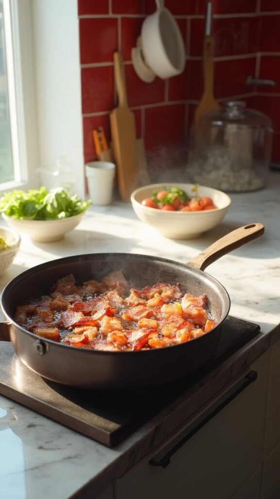 Crispy bacon sizzling in a Dutch oven on a modern kitchen stovetop with wooden utensils and prepped vegetables in ceramic bowls