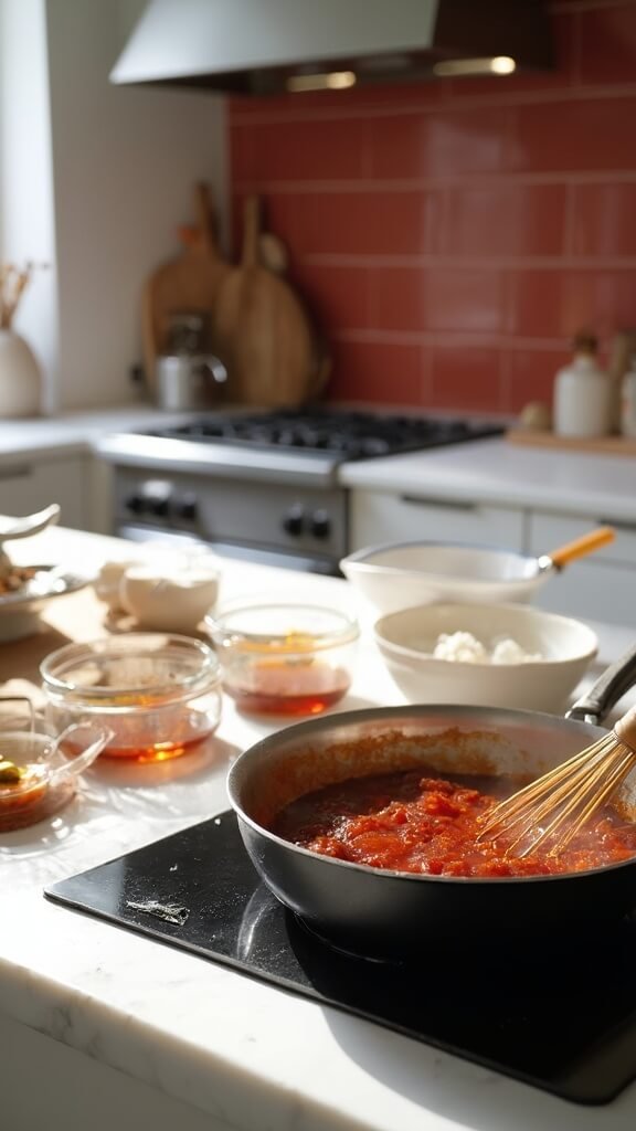 Ingredients for sugar-free BBQ sauce being whisked together in a saucepan on stovetop in a modern kitchen