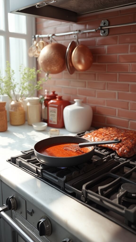 Professional kitchen scene with sugar-free BBQ sauce being prepared in a saucepan, ingredients arranged nearby, and seasoned ribs in the background under natural daylight