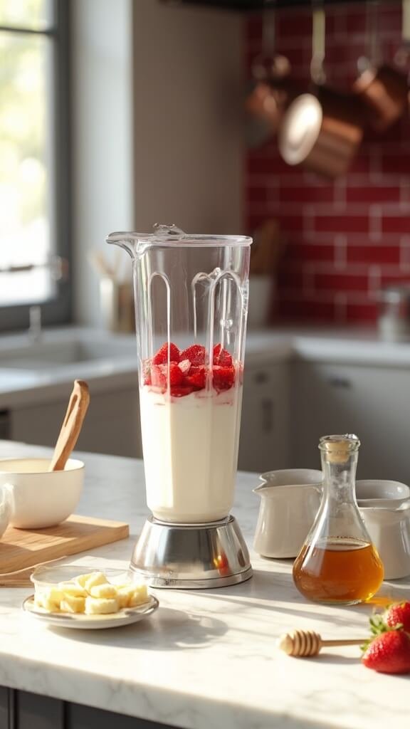Ingredients for smoothie layered in a high-speed blender in a modern kitchen, with milk, yogurt, sliced bananas, and frozen strawberries, alongside an open honey jar and vanilla extract bottle