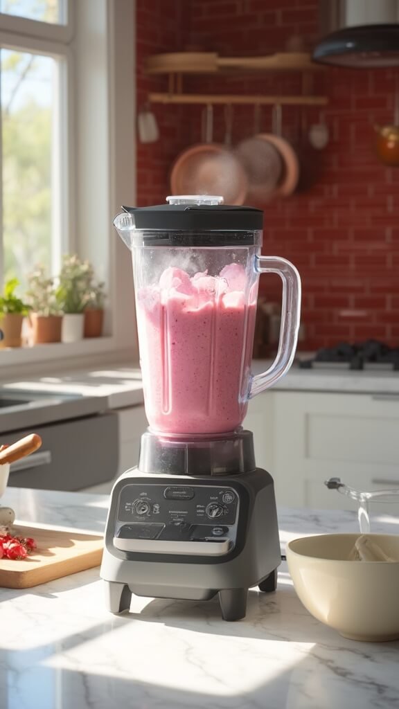 Blender in action preparing pink smoothie in a modern kitchen with red subway tile backsplash and stainless steel appliances, lit by natural daylight