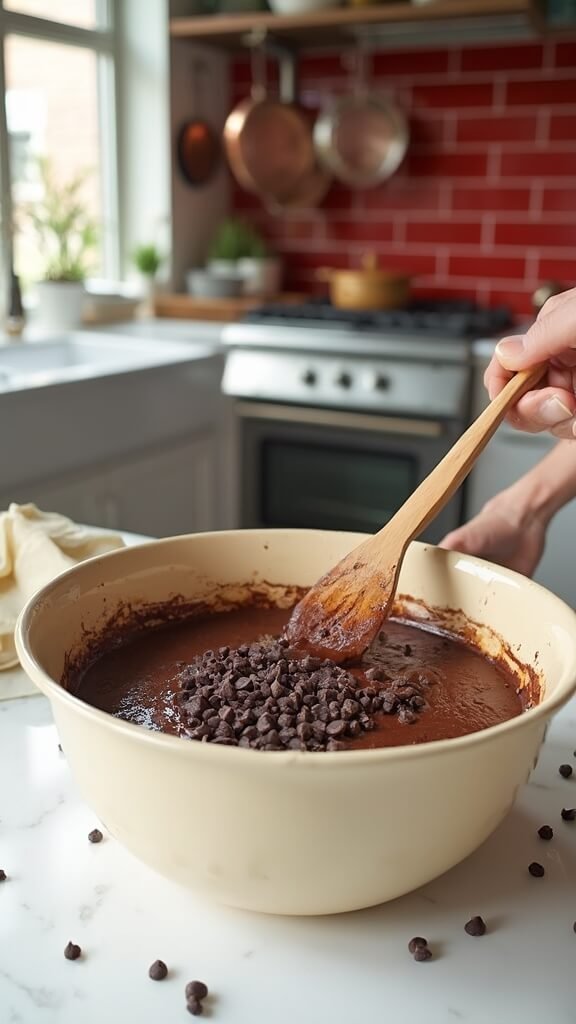 Bowl of glossy brownie batter with sugar-free chocolate chips being folded in, in a modern kitchen with red subway tiles and cream-colored utensils