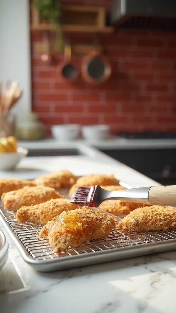 Breaded chicken being brushed with melted butter on a baking sheet in a modern kitchen with red subway tile and wooden utensils