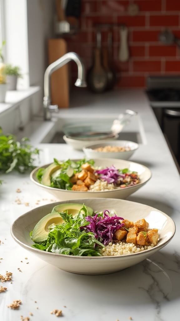 Buddha bowl assembly in progress with arugula, cauliflower rice, roasted vegetables, tofu, avocado slices, red onion, and purple cabbage in a modern kitchen