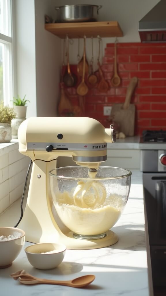 Professional kitchen scene with creamed butter and cream cheese mixture in electric mixer, flour in a separate bowl, wooden utensils and measuring spoons on white marble countertop, under natural daylight