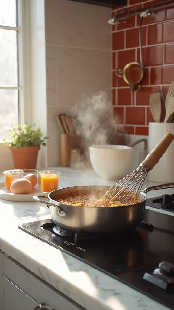 Professional food photography in a modern kitchen, featuring a whisked caramel-colored mixture in a saucepan, three cracked eggs in a ceramic bowl, and heavy cream in a glass measuring cup.