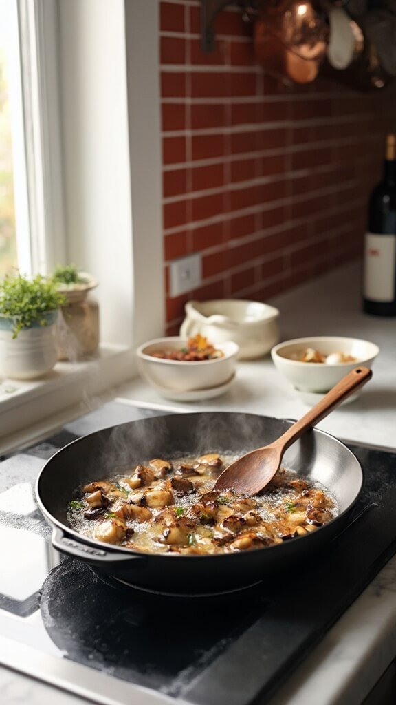 Caramelizing mushrooms with shallots in a foaming butter sauté pan on a modern kitchen stovetop, with ingredients in prep bowls and an uncorked wine bottle nearby