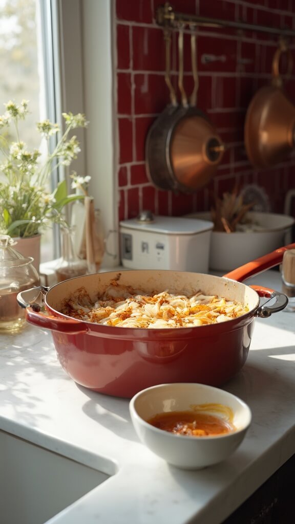 Caramelizing onions in a dutch oven on a modern kitchen countertop, with wooden utensils, a glass of white wine, and a kitchen timer showing 45 minutes