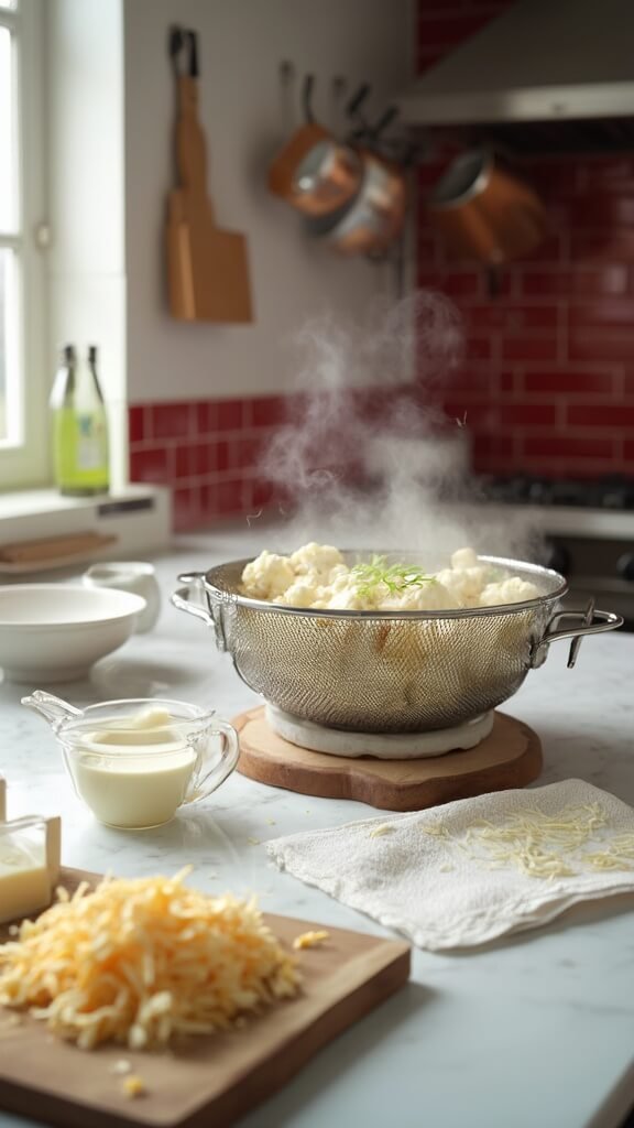 Cauliflower being drained in fine mesh colander with steam rising, grated cheese on wooden cutting board, and cream in measuring cup in a modern kitchen with red subway tiles and copper pots