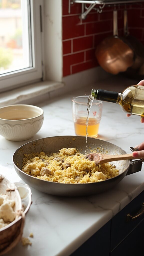 Riced cauliflower being stirred into a buttery mushroom mixture in a modern kitchen, with a splash of white wine being added, all under natural daylight.