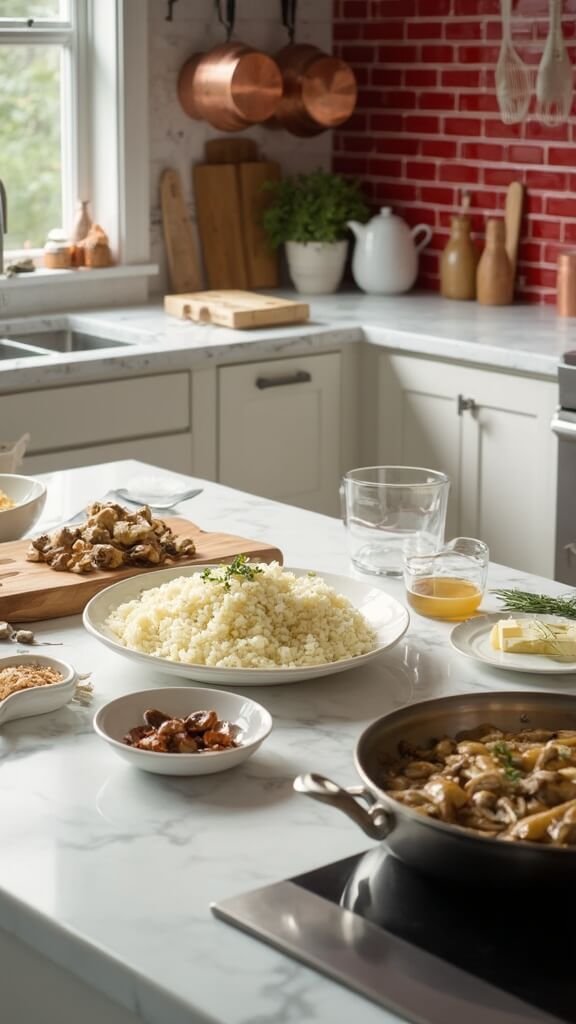 Ingredients in mise en place style on white marble countertop in modern kitchen, with riced cauliflower, sliced mushrooms, chopped shallots, garlic, white wine, broth, cream, parmesan, butter, and thyme. Sauté pan on stovetop.