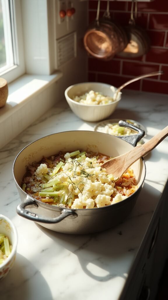 Sautéing onions, celery, and garlic in a Dutch oven with added cauliflower florets, bay leaves, and thyme in a modern kitchen with red subway tile backsplash