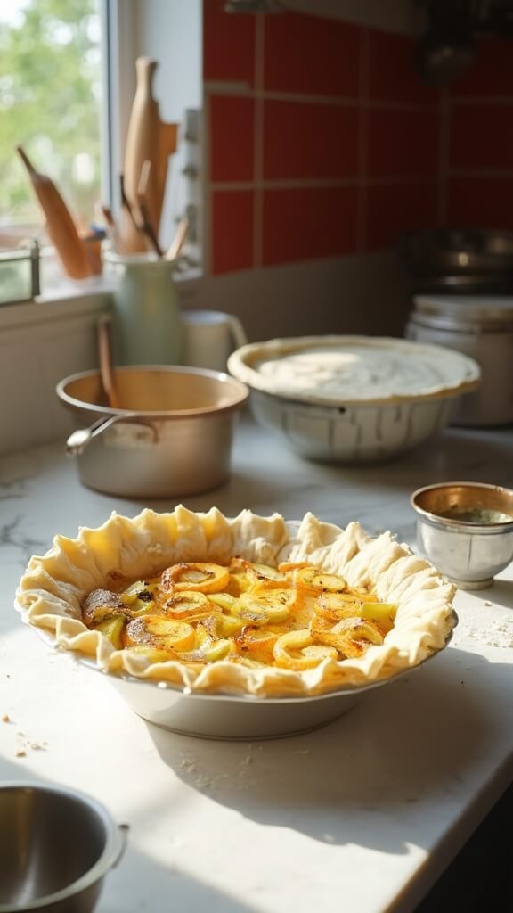 Professional food photography of pie assembly stage in a modern kitchen, featuring a 9-inch pie with almond flour crust and chayote filling in process, shot with a Canon 5D Mark IV.