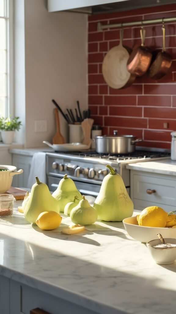 Chayote squashes, lemons, and other raw ingredients arranged on a modern kitchen countertop with red subway tiles and copper pots in the background