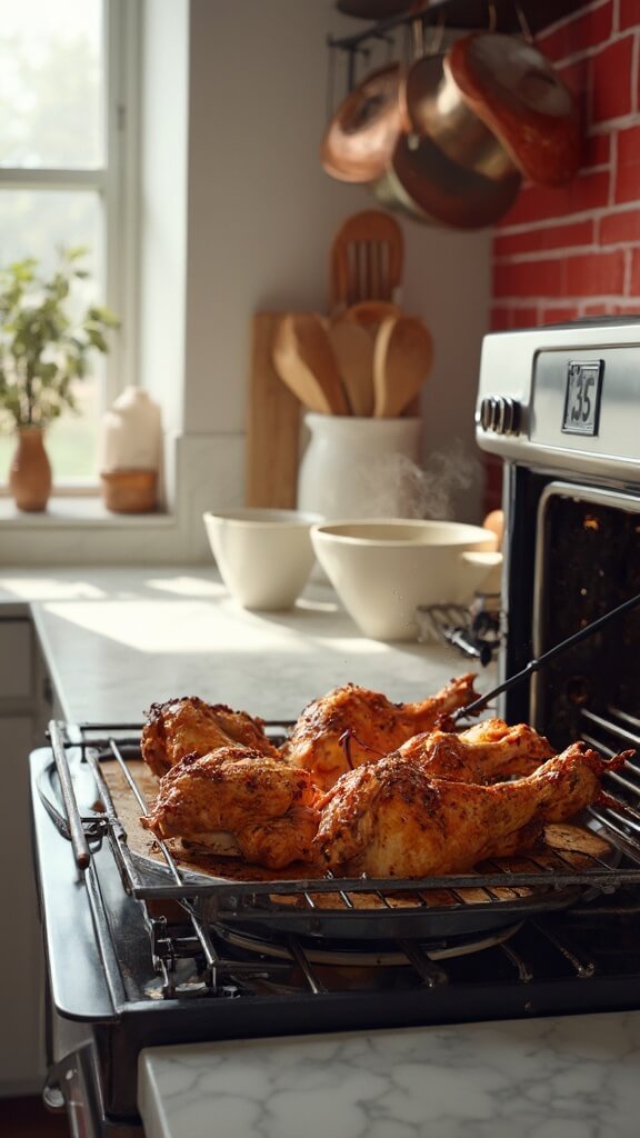 Professional food photography of crispy chicken in the oven, shot in a modern kitchen with red subway tile backsplash and white marble countertops, Canon 5D Mark IV, f/2.8, 50mm