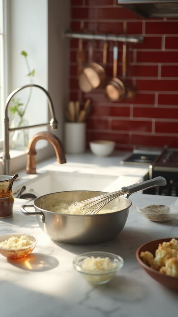 Professional food photography of cheese sauce preparation in a modern kitchen, featuring whisked cream, spices, and grated cheese on a marble countertop with sleek stainless steel appliances.