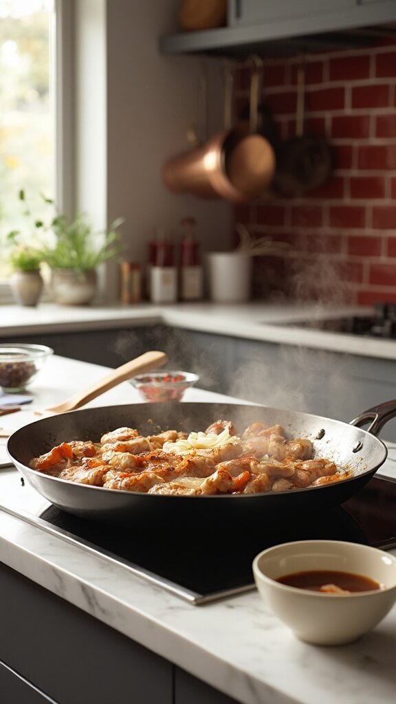 Marinated chicken searing in a stainless steel skillet with diced onions in a modern kitchen, with warm daylight streaming in