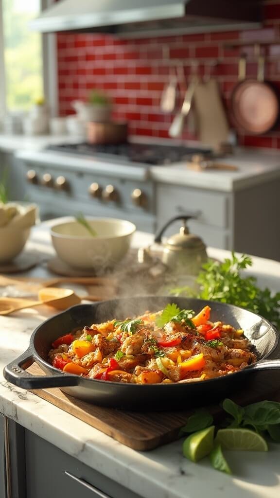 Chicken fajita in cast iron skillet on marble countertop in modern kitchen, shot with natural daylight