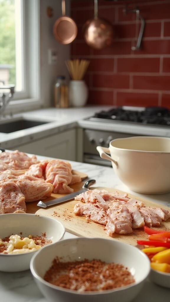 Chicken breasts being sliced on a wooden cutting board in a modern kitchen, with sliced bell peppers and red onion in ceramic bowls and a bowl of fajita seasoning mix, under natural daylight