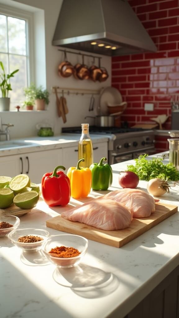 Modern kitchen setup with ingredients for chicken fajitas including boneless chicken, colorful bell peppers, spices, limes, avocado oil, and fresh cilantro.