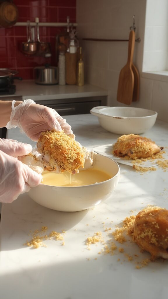 Chef in clear disposable gloves dipping a chicken thigh into an egg and cream mixture in a modern kitchen