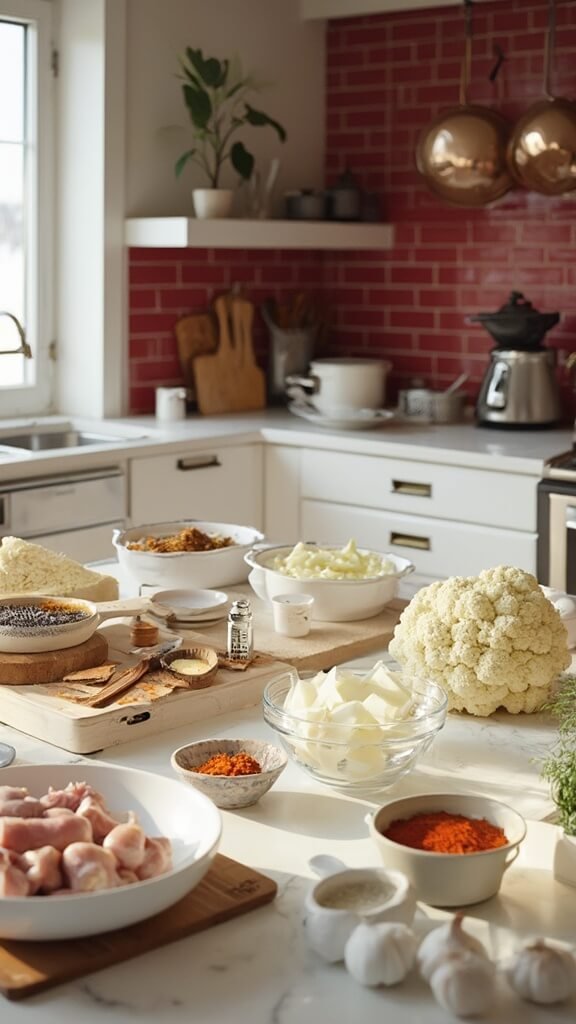 Ingredients for chicken tikka masala laid out on a modern kitchen counter with red subway tiles and wooden utensils under natural daylight.
