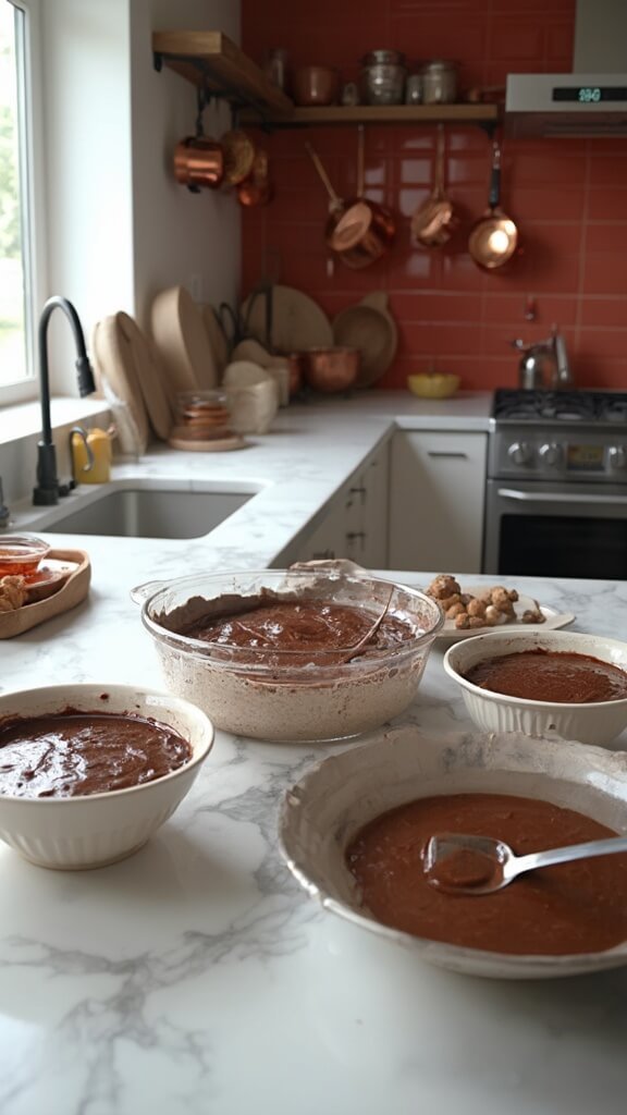 Chocolate batter divided evenly in cake pans, kitchen utensils and scale on white marble countertop in a modern kitchen with red tile backsplash